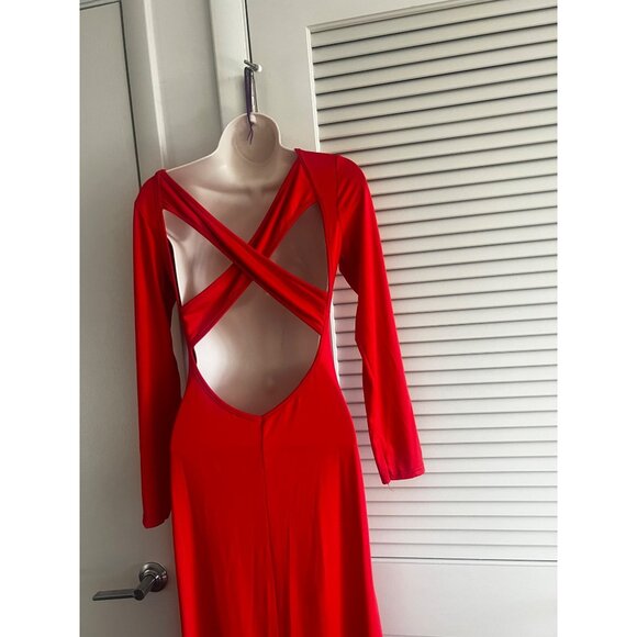 Red Long-Sleeve Backless Criss-Cross Stretchy Mermaid Gown With Elegant Floor-Le - Picture 6 of 7